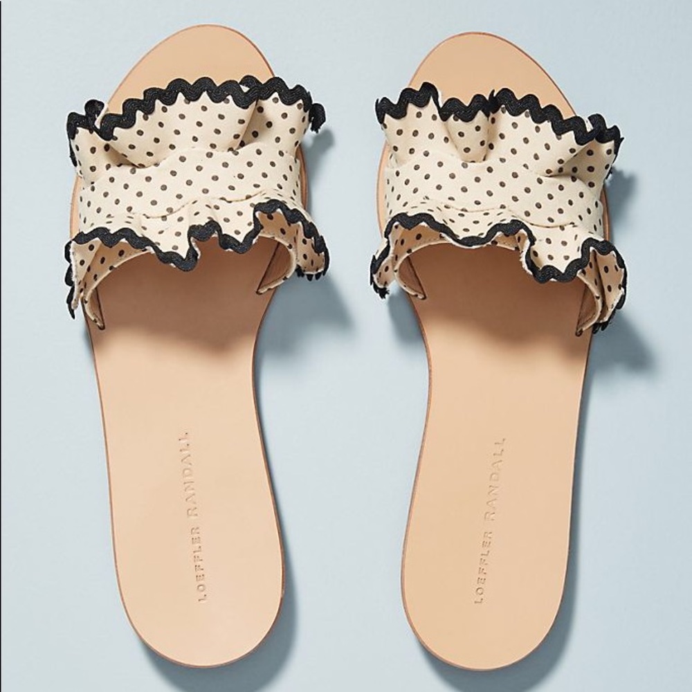 Loeffler Randall Cream Polka Dot Ruffle Slide Sandals with Black Trim